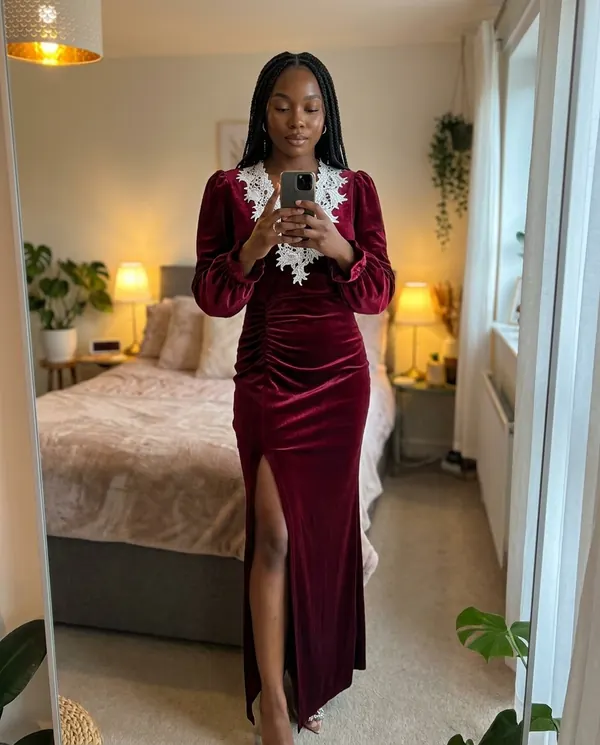 Satin Eve styling: Velvet Lace-Collar Slit Maxi Dress