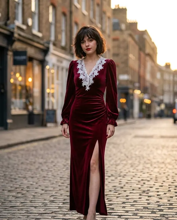 Satin Eve styling: Velvet Lace-Collar Slit Maxi Dress