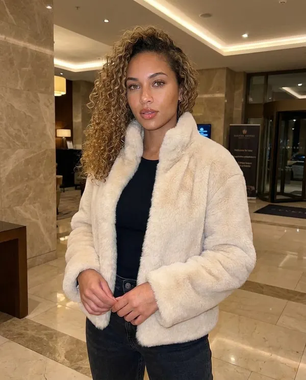 Satin Eve styling: Cream Faux Fur Stand-Collar Jacket