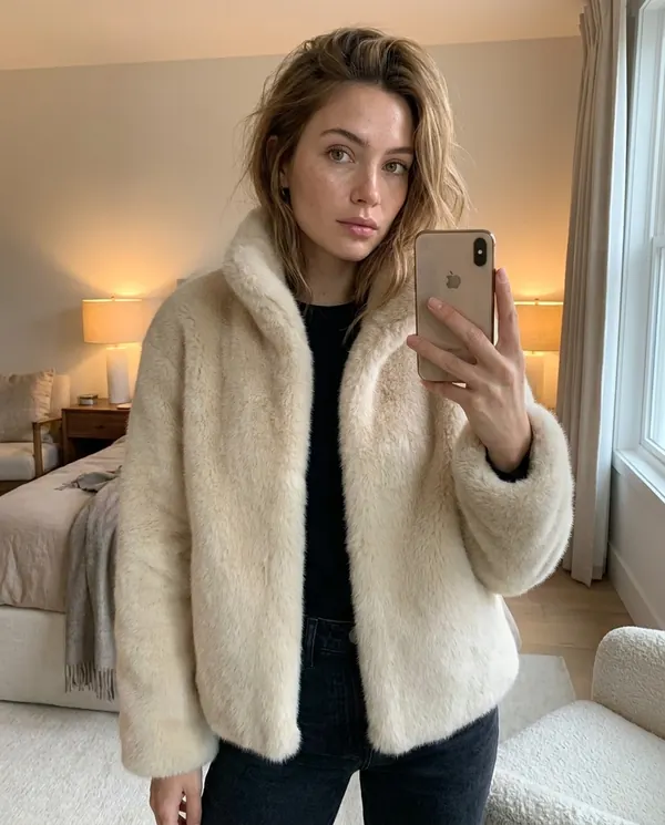 Satin Eve styling: Cream Faux Fur Stand-Collar Jacket
