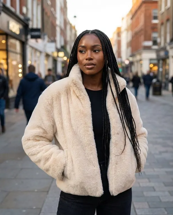 Satin Eve styling: Cream Faux Fur Stand-Collar Jacket