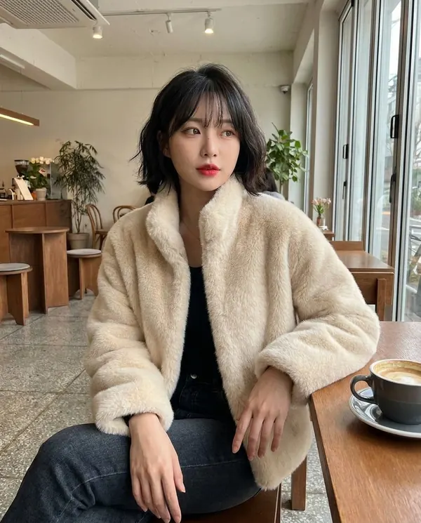 Satin Eve styling: Cream Faux Fur Stand-Collar Jacket