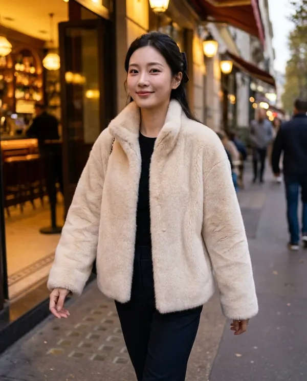 Satin Eve styling: Cream Faux Fur Stand-Collar Jacket