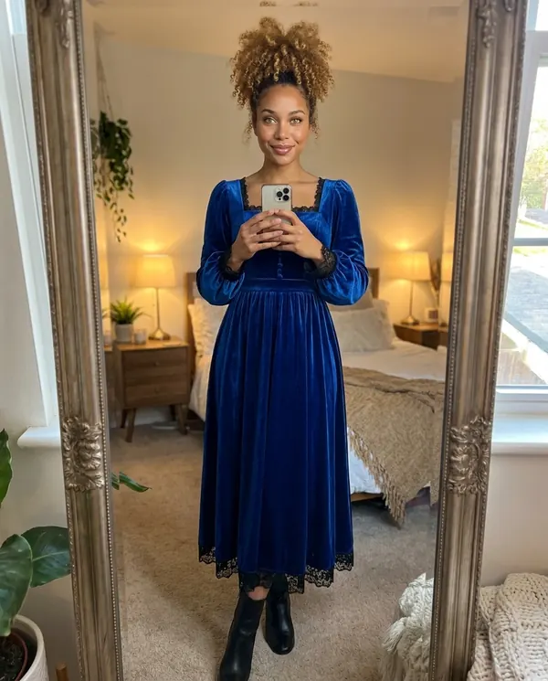 Satin Eve styling: Velvet Square-Neck Lace-Hem Midi Dress