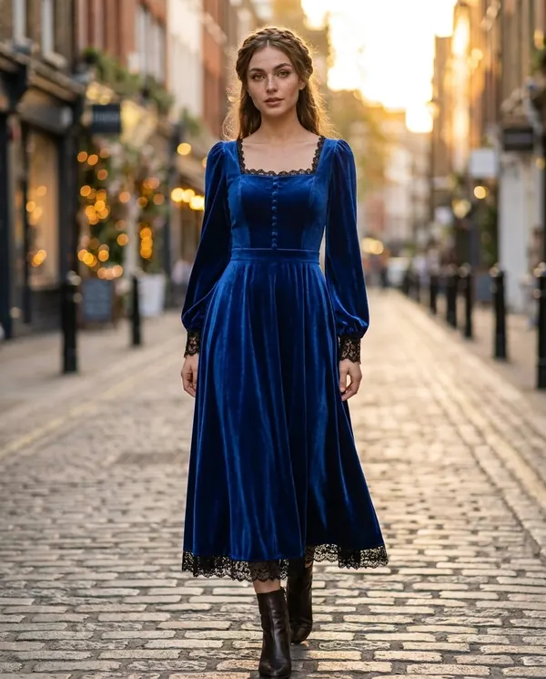 Satin Eve styling: Velvet Square-Neck Lace-Hem Midi Dress