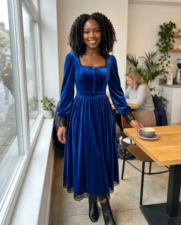 Satin Eve styling: Velvet Square-Neck Lace-Hem Midi Dress