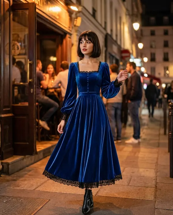Satin Eve styling: Velvet Square-Neck Lace-Hem Midi Dress