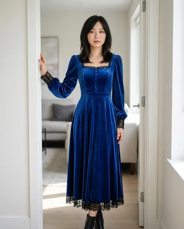 Satin Eve styling: Velvet Square-Neck Lace-Hem Midi Dress