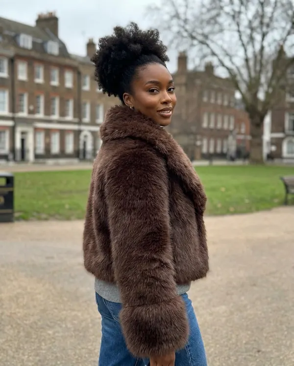 Satin Eve styling: Chocolate Faux Fur Jacket