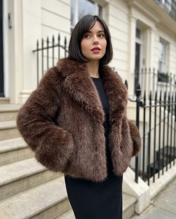 Satin Eve styling: Chocolate Faux Fur Jacket