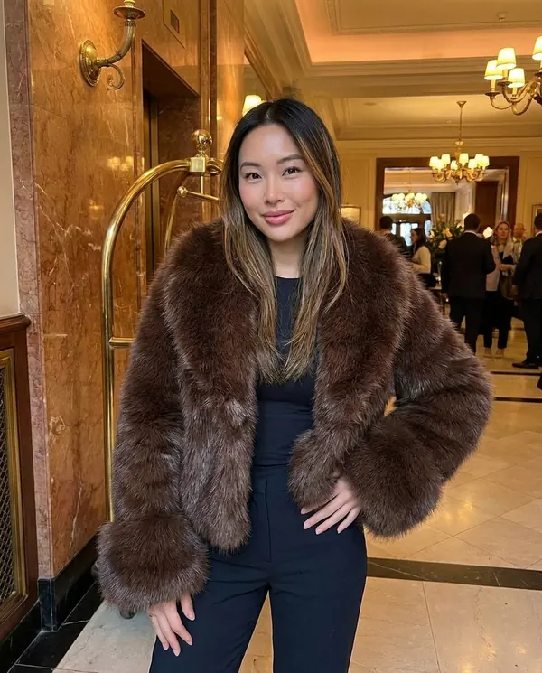 Satin Eve styling: Chocolate Faux Fur Jacket