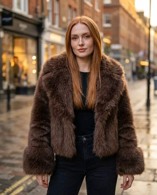 Satin Eve styling: Chocolate Faux Fur Jacket