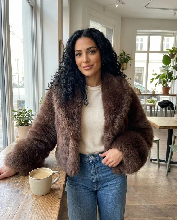 Satin Eve styling: Chocolate Faux Fur Jacket