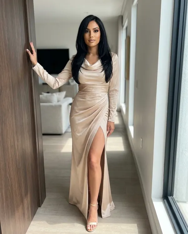 Satin Eve styling: Satin Cowl-Neck Long-Sleeve Maxi Dress