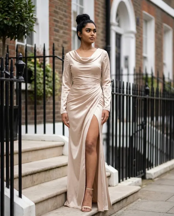 Satin Eve styling: Satin Cowl-Neck Long-Sleeve Maxi Dress