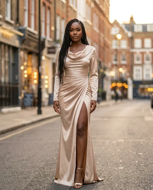 Satin Eve styling: Satin Cowl-Neck Long-Sleeve Maxi Dress