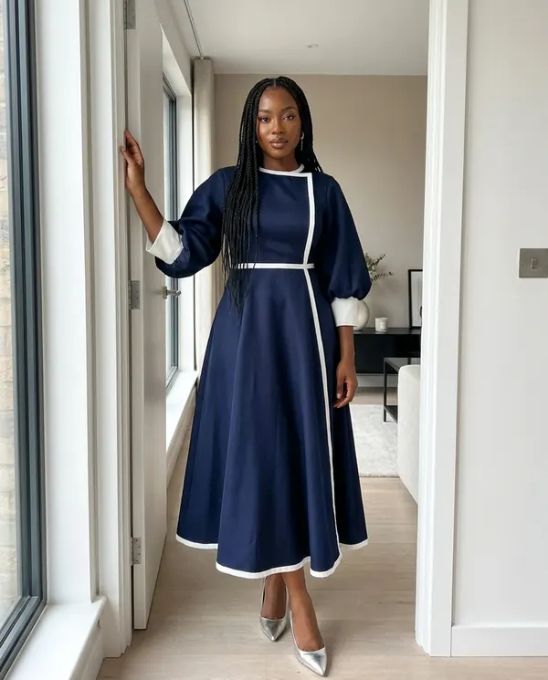 Satin Eve styling: Contrast-Trim Fit-and-Flare Midi Dress