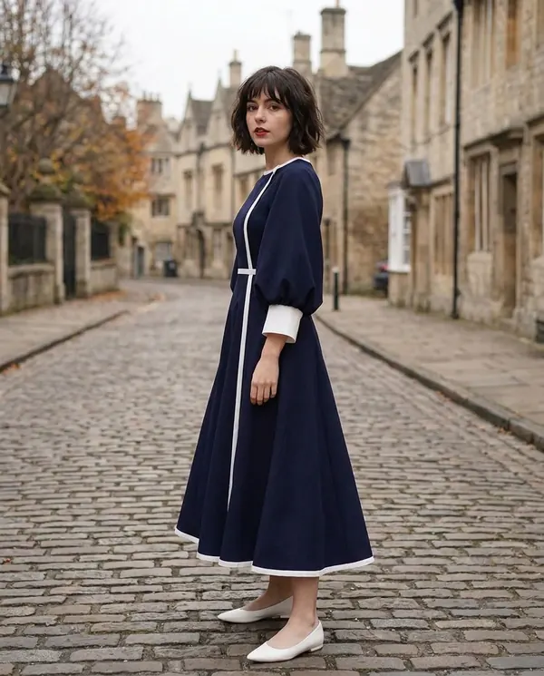 Satin Eve styling: Contrast-Trim Fit-and-Flare Midi Dress