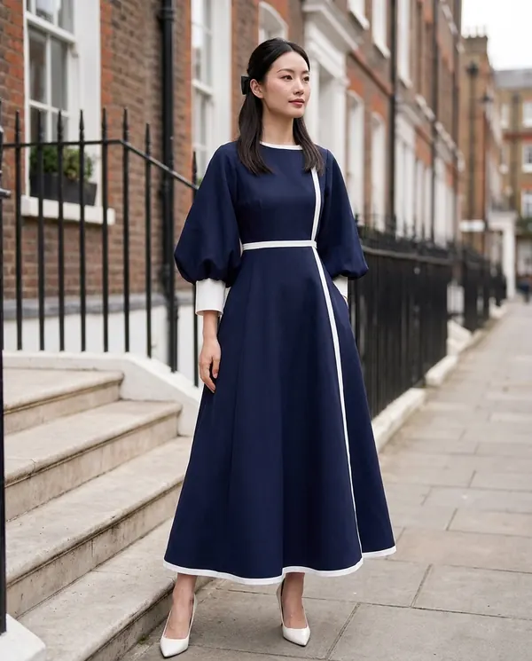 Satin Eve styling: Contrast-Trim Fit-and-Flare Midi Dress
