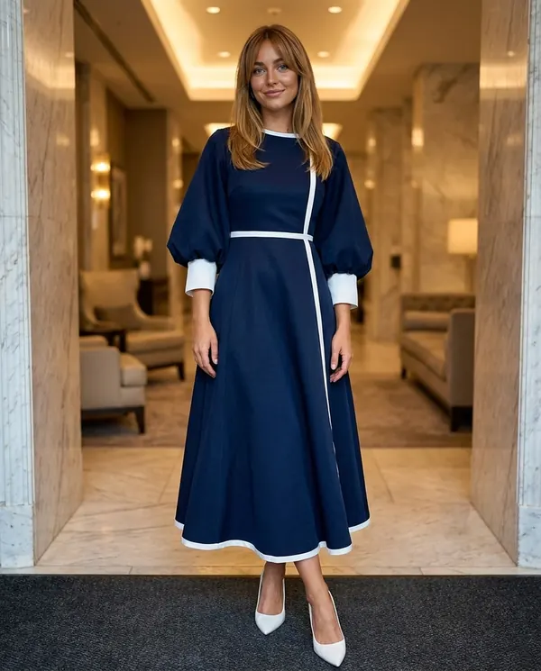 Satin Eve styling: Contrast-Trim Fit-and-Flare Midi Dress