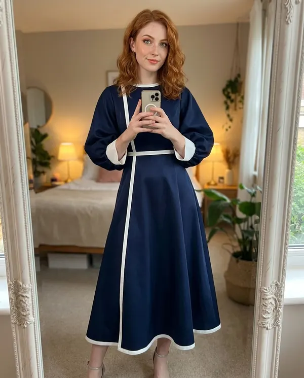 Satin Eve styling: Contrast-Trim Fit-and-Flare Midi Dress