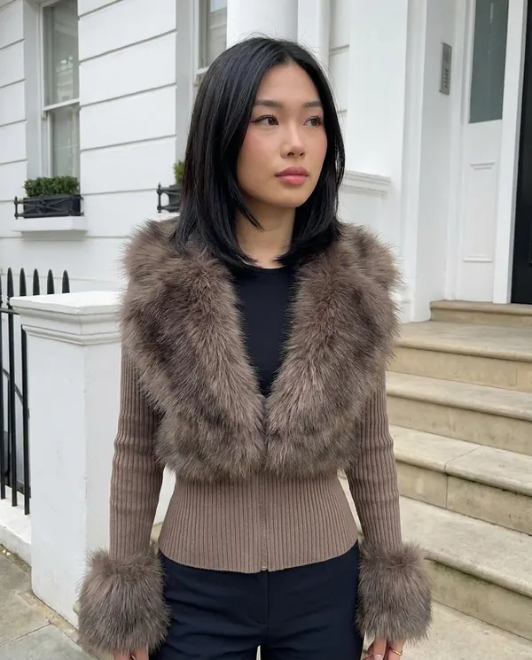 Satin Eve styling: Faux Fur Collar Knit Jacket
