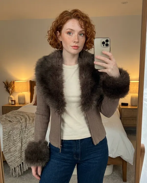 Satin Eve styling: Faux Fur Collar Knit Jacket
