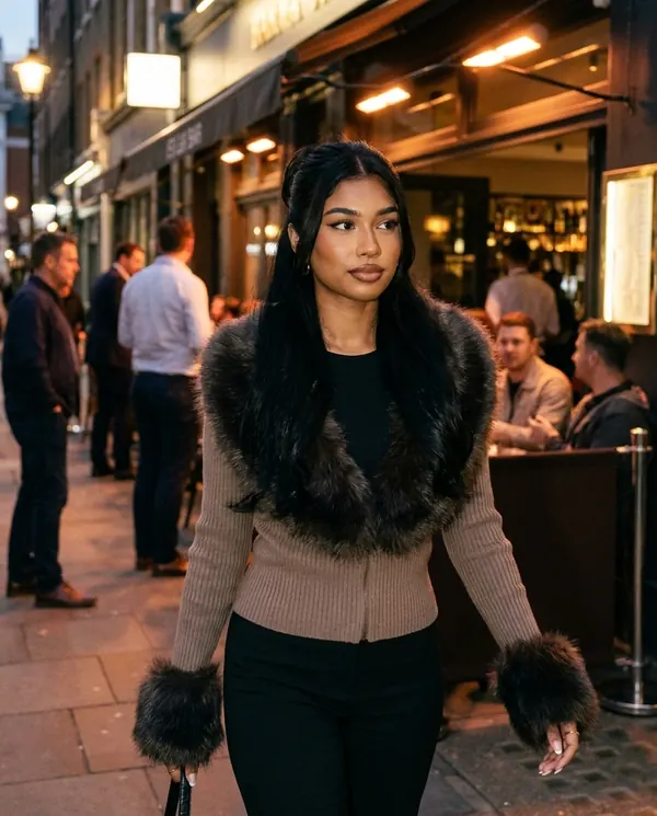 Satin Eve styling: Faux Fur Collar Knit Jacket