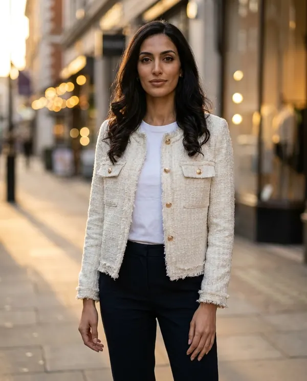 Satin Eve styling: Frayed-Edge Tweed Jacket