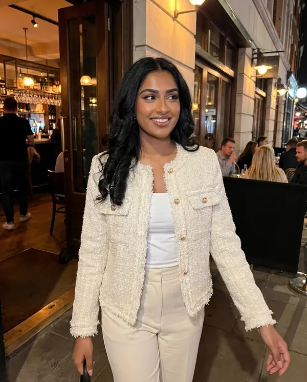 Satin Eve styling: Frayed-Edge Tweed Jacket