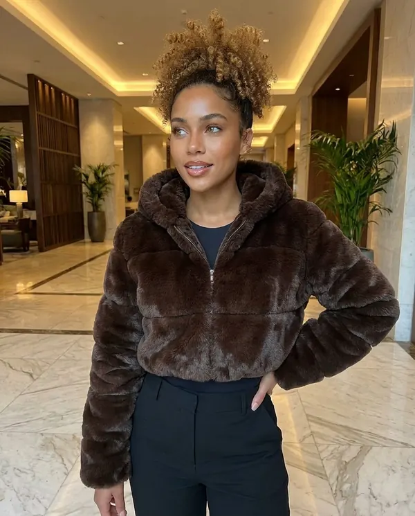 Satin Eve styling: Hooded Cropped Faux Fur Jacket