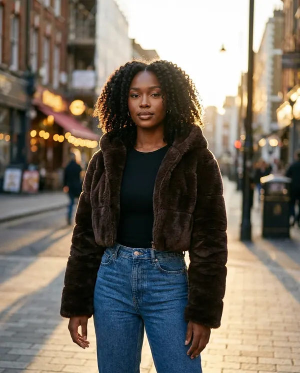 Satin Eve styling: Hooded Cropped Faux Fur Jacket