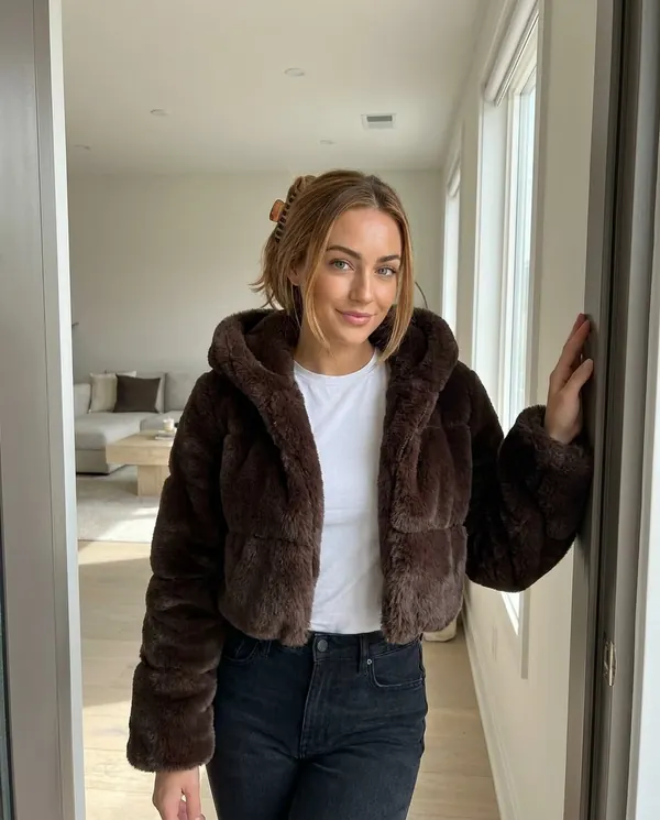 Satin Eve styling: Hooded Cropped Faux Fur Jacket