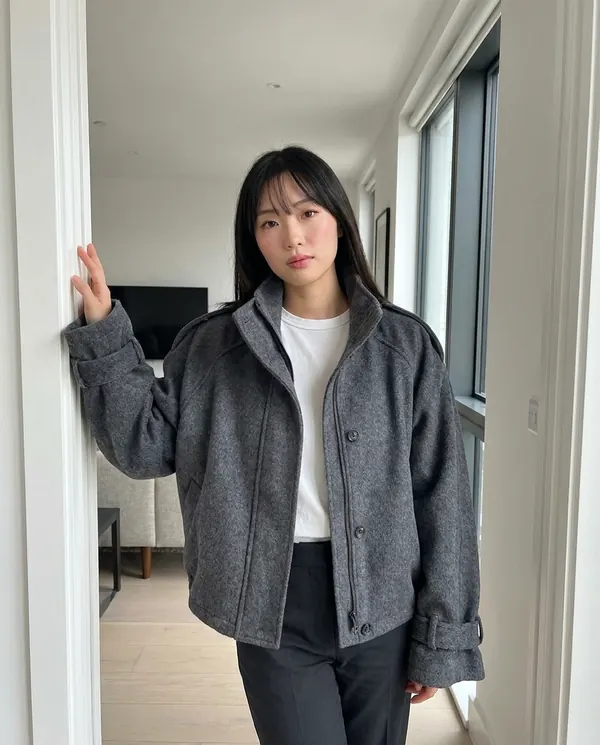 Satin Eve styling: Wool-Look Stand-Collar Short Jacket