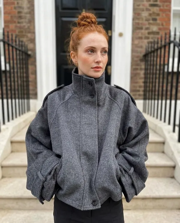 Satin Eve styling: Wool-Look Stand-Collar Short Jacket
