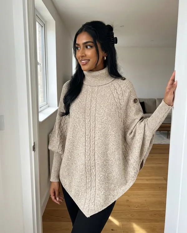 Satin Eve styling: Cable Knit Roll Neck Button Cape Jumper