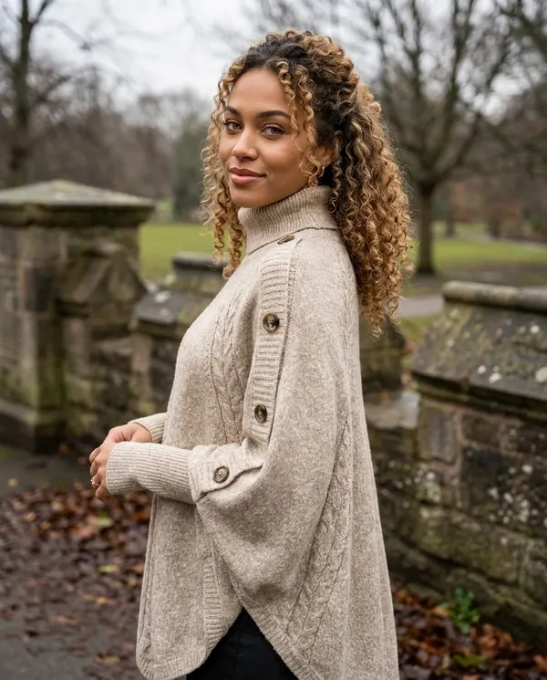 Satin Eve styling: Cable Knit Roll Neck Button Cape Jumper