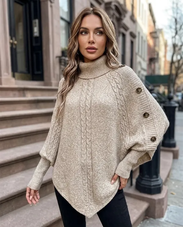 Satin Eve styling: Cable Knit Roll Neck Button Cape Jumper