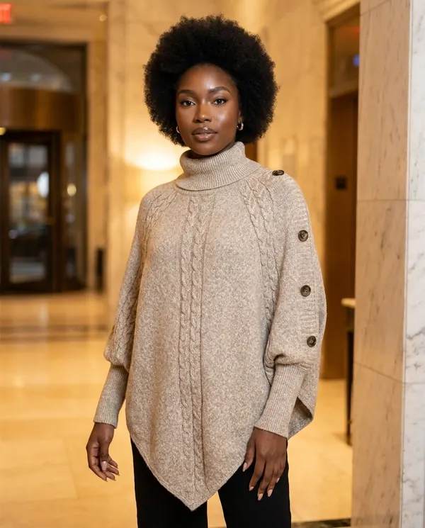 Satin Eve styling: Cable Knit Roll Neck Button Cape Jumper