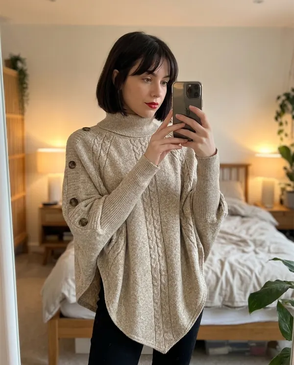 Satin Eve styling: Cable Knit Roll Neck Button Cape Jumper