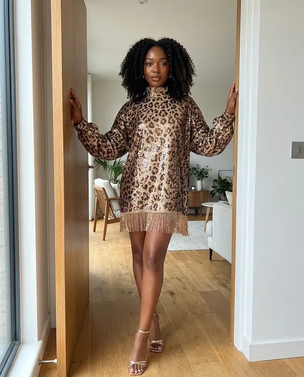 Satin Eve styling: Leopard Sequin Fringe-Hem Mini Dress