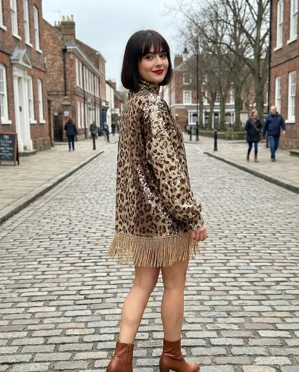 Satin Eve styling: Leopard Sequin Fringe-Hem Mini Dress