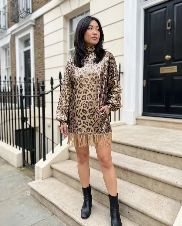 Satin Eve styling: Leopard Sequin Fringe-Hem Mini Dress