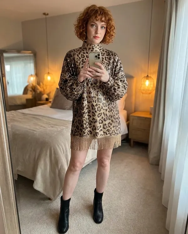 Satin Eve styling: Leopard Sequin Fringe-Hem Mini Dress