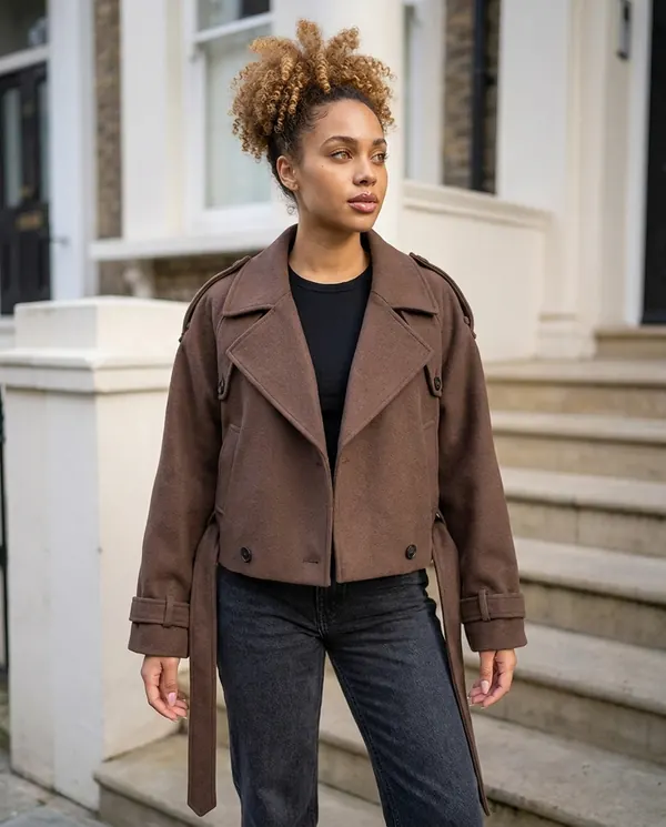 Satin Eve styling: Belted Wool-Look Short Coat