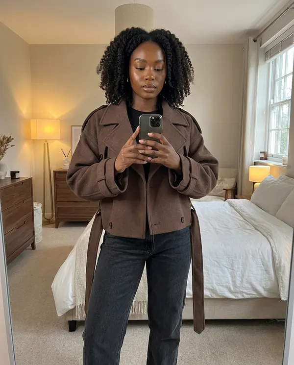 Satin Eve styling: Belted Wool-Look Short Coat