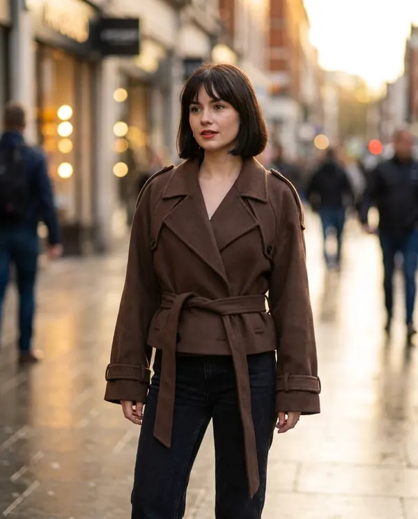 Satin Eve styling: Belted Wool-Look Short Coat