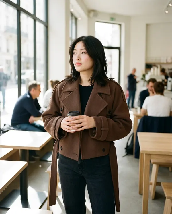Satin Eve styling: Belted Wool-Look Short Coat