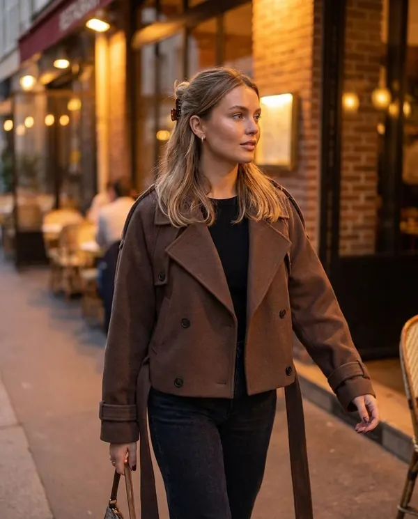 Satin Eve styling: Belted Wool-Look Short Coat