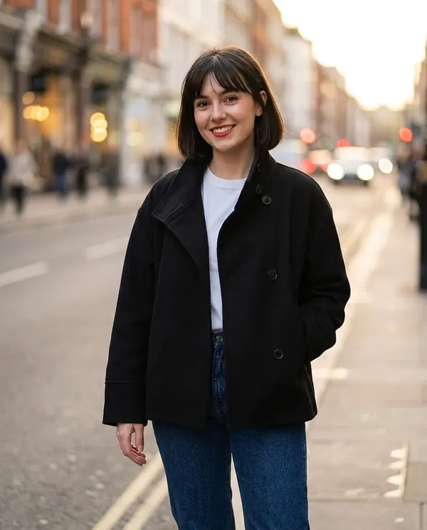 Satin Eve styling: Black Wool-Look Stand-Collar Jacket
